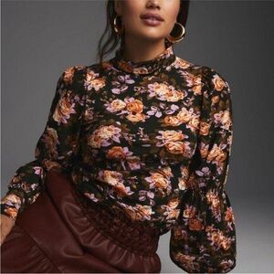 Anthropologie Tiered-Sleeve Floral Print Turtleneck Long Sleeve Blouse Sz S